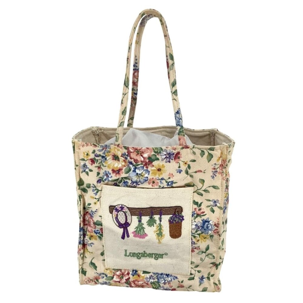 LONGABERGER HOMESTEAD Lined Tote Bag Ivory Color Floral With Embroidered Pocket